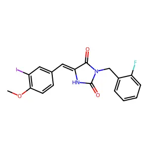 (5E)-3-(2-fluorobenzyl)-5-(3-iodo-4-methoxybenzylidene)imidazolidine-2,4-dione structure