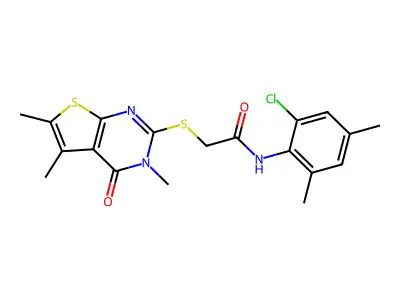 N-(2-chloro-4,6-dimethylphenyl)-2-(3,5,6-trimethyl-4-oxo(3-hydrothiopheno[2,3-d]pyrimidin-2-ylthio))acetamide structure