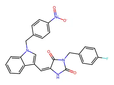 (5E)-3-(4-fluorobenzyl)-5-{[1-(4-nitrobenzyl)-1H-indol-3-yl]methylidene}imidazolidine-2,4-dione structure