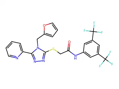 N-[3,5-bis(trifluoromethyl)phenyl]-2-[4-(2-furylmethyl)-5-(2-pyridyl)(1,2,4-tr iazol-3-ylthio)]acetamide structure