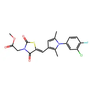 methyl [(5E)-5-{[1-(3-chloro-4-fluorophenyl)-2,5-dimethyl-1H-pyrrol-3-yl]methylidene}-2,4-dioxo-1,3-thiazolidin-3-yl]acetate structure