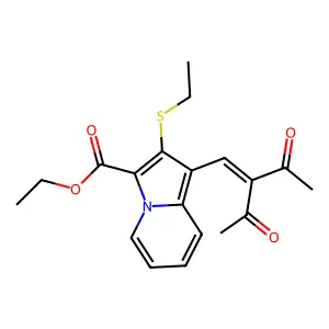 Ethyl 1-(2-acetyl-3-oxobut-1-enyl)-2-ethylsulfanylindolizine-3-carboxylate structure
