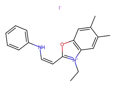 2-(2-Anilinoethen-1-yl)-3-ethyl-5,6-dimethyl-1,3-benzoxazol-3-ium iodide structure