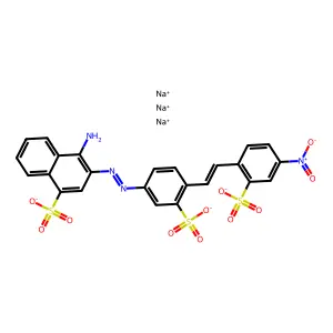 trisodium;4-amino-3-[[4-[2-(4-nitro-2-sulfonatophenyl)ethenyl]-3-sulfonatophenyl]diazenyl]naphthalene-1-sulfonate structure