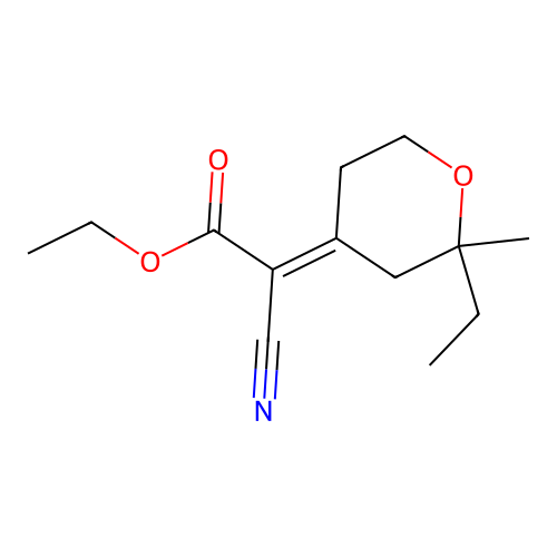 (E)-ethyl 2-cyano-2-(2-ethyl-2-methyldihydro-2H-pyran-4(3H)-ylidene)acetate structure