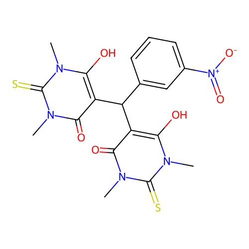 5,5'-((3-nitrophenyl)methylene)bis(6-hydroxy-1,3-dimethyl-2-thioxo-2,3-dihydropyrimidin-4(1H)-one) structure
