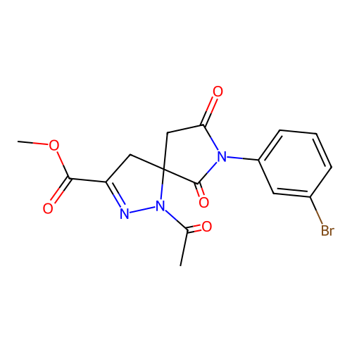methyl 1-acetyl-7-(3-bromophenyl)-6,8-dioxo-1,2,7-triazaspiro[4.4]non-2-ene-3-carboxylate structure