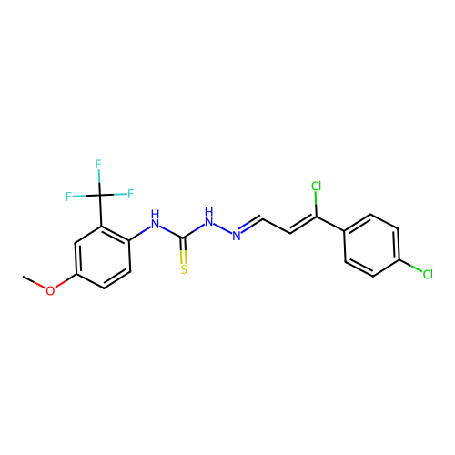 N1-[4-methoxy-2-(trifluoromethyl)phenyl]-2-[3-chloro-3-(4-chlorophenyl)prop-2-enylidene]hydrazine-1-carbothioamide structure