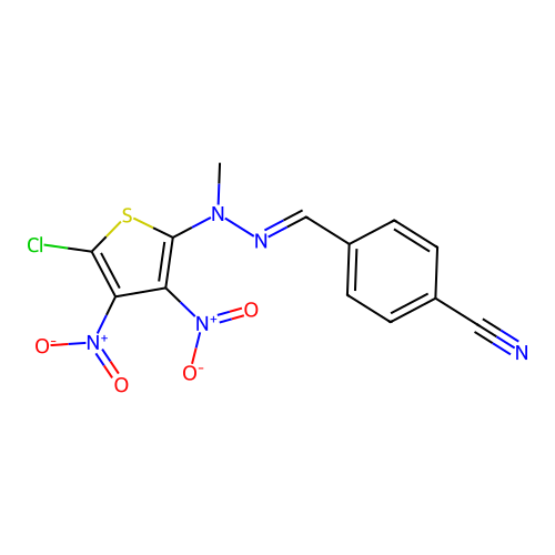 4-[[(5-chloro-3,4-dinitro-thiophen-2-yl)-methyl-hydrazinylidene]methyl]benzonitrile structure