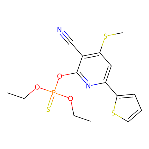2-[(diethoxyphosphorothioyl)oxy]-4-(methylthio)-6-(2-thienyl)nicotinonitrile structure