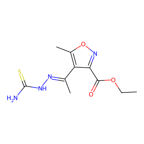 Ethyl 4-[(E)-N-(carbamothioylamino)-C-methylcarbonimidoyl]-5-methyl-1,2-oxazole-3-carboxylate structure