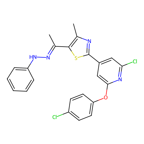 1-{2-[2-chloro-6-(4-chlorophenoxy)-4-pyridyl]-4-methyl-1,3-thiazol-5-yl}ethan-1-one 1-phenylhydrazone structure