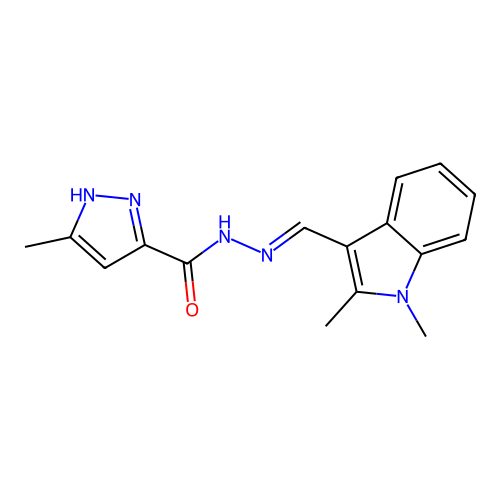 N-[(1,2-dimethylindol-3-yl)methylideneamino]-5-methyl-1H-pyrazole-3-carboxamide structure