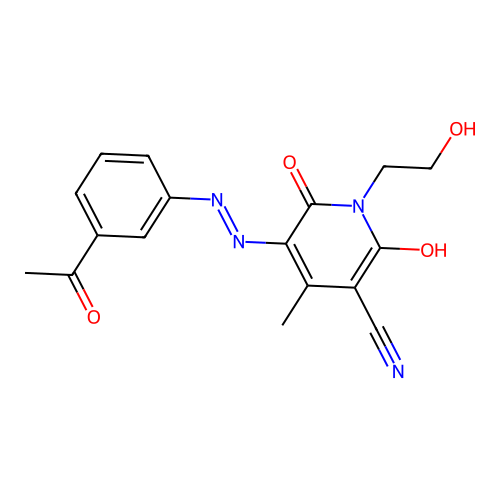 (5E)-5-[(3-acetylphenyl)hydrazinylidene]-1-(2-hydroxyethyl)-4-methyl-2,6-dioxopyridine-3-carbonitrile structure