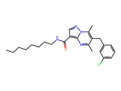 6-[(3-chlorophenyl)methyl]-5,7-dimethyl-N-octylpyrazolo[1,5-a]pyrimidine-3-carboxamide structure
