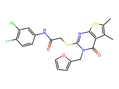 N-(3-chloro-4-fluorophenyl)-2-{[3-(furan-2-ylmethyl)-5,6-dimethyl-4-oxo-3,4-dihydrothieno[2,3-d]pyrimidin-2-yl]sulfanyl}acetamide structure