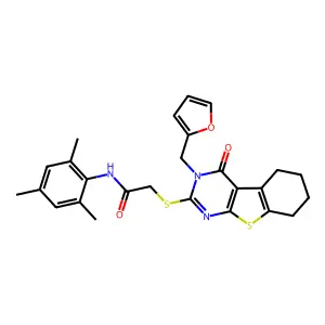 2-[3-(2-furylmethyl)-4-oxo(3,5,6,7,8-pentahydrobenzo[b]thiopheno[2,3-d]pyrimid in-2-ylthio)]-N-(2,4,6-trimethylphenyl)acetamide structure