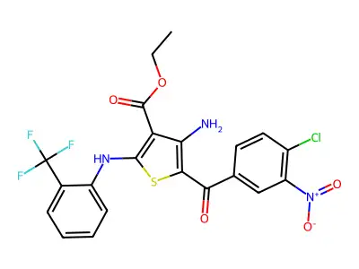 ethyl 4-amino-5-(4-chloro-3-nitrobenzoyl)-2-[2-(trifluoromethyl)anilino]thiophene-3-carboxylate structure