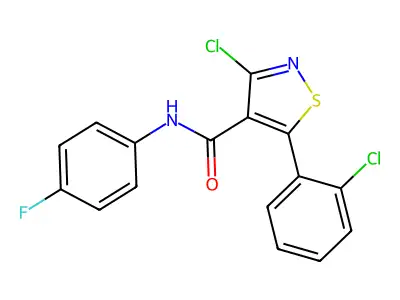 3-chloro-5-(2-chlorophenyl)-N-(4-fluorophenyl)-1,2-thiazole-4-carboxamide structure