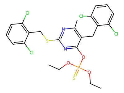[5-[(2,6-Dichlorophenyl)methyl]-2-[(2,6-dichlorophenyl)methylsulfanyl]-6-methylpyrimidin-4-yl]oxy-diethoxy-sulfanylidene-lambda5-phosphane structure