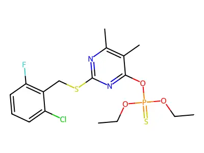O-{2-[(2-chloro-6-fluorobenzyl)thio]-5,6-dimethylpyrimidin-4-yl} O,O-diethyl phosphothioate structure