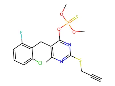 [5-[(2-Chloro-6-fluorophenyl)methyl]-6-methyl-2-prop-2-ynylsulfanylpyrimidin-4-yl]oxy-dimethoxy-sulfanylidene-lambda5-phosphane structure