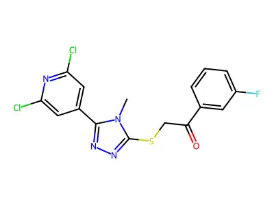 2-{[5-(2,6-dichloro-4-pyridyl)-4-methyl-4H-1,2,4-triazol-3-yl]thio}-1-(3-fluorophenyl)ethan-1-one structure