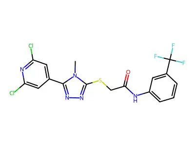 2-[[5-(2,6-dichloropyridin-4-yl)-4-methyl-1,2,4-triazol-3-yl]sulfanyl]-N-[3-(trifluoromethyl)phenyl]acetamide structure