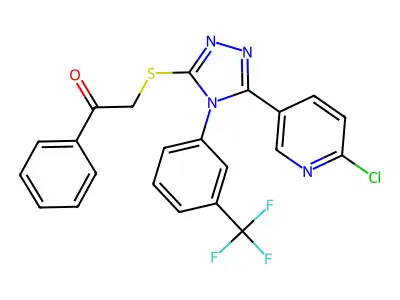 2-({5-(6-chloro-3-pyridyl)-4-[3-(trifluoromethyl)phenyl]-4H-1,2,4-triazol-3-yl}thio)-1-phenylethan-1-one structure