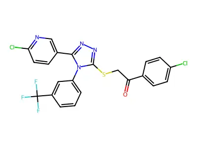 1-(4-chlorophenyl)-2-({5-(6-chloro-3-pyridyl)-4-[3-(trifluoromethyl)phenyl]-4H-1,2,4-triazol-3-yl}thio)ethan-1-one structure