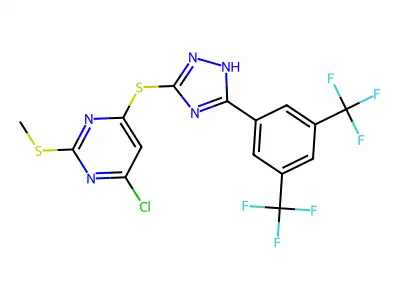 4-chloro-6-({5-[3,5-di(trifluoromethyl)phenyl]-4H-1,2,4-triazol-3-yl}thio)-2-(methylthio)pyrimidine structure