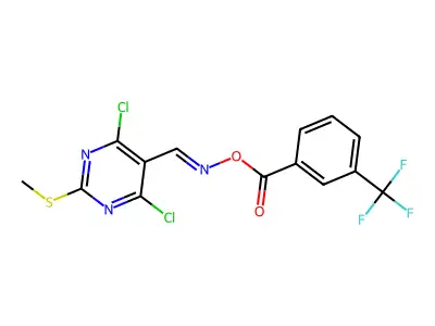 4,6-dichloro-2-(methylthio)-5-[({[3-(trifluoromethyl)benzoyl]oxy}imino)methyl]pyrimidine structure