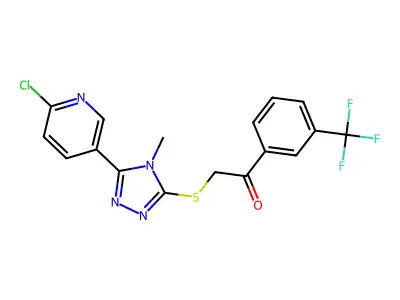 2-{[5-(6-chloro-3-pyridyl)-4-methyl-4H-1,2,4-triazol-3-yl]thio}-1-[3-(trifluoromethyl)phenyl]ethan-1-one structure