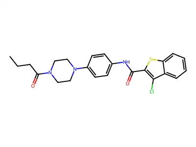 N-[4-(4-butanoylpiperazin-1-yl)phenyl]-3-chloro-1-benzothiophene-2-carboxamide structure