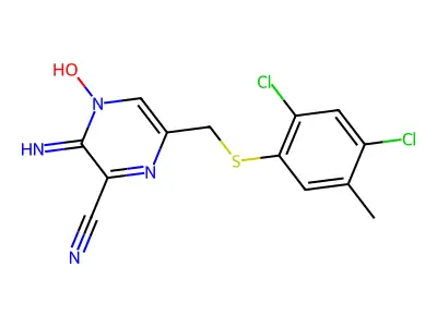 2-amino-3-cyano-5-{[(2,4-dichloro-5-methylphenyl)thio]methyl}pyrazin-1-ium-1-olate structure