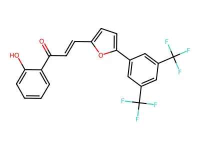 3-{5-[3,5-di(trifluoromethyl)phenyl]-2-furyl}-1-(2-hydroxyphenyl)prop-2-en-1-one structure