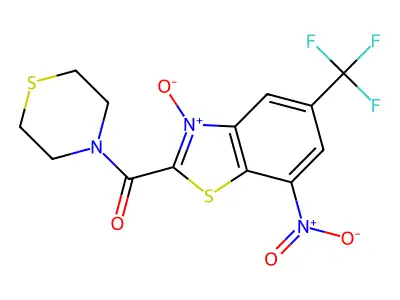 7-nitro-2-(1,4-thiazinan-4-ylcarbonyl)-5-(trifluoromethyl)-1,3-benzothiazol-3-ium-3-olate structure