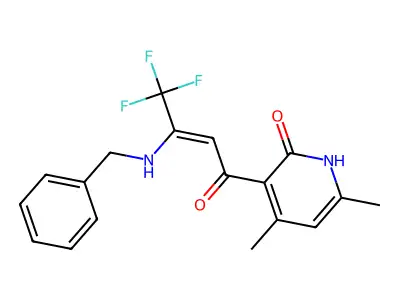 3-[(2Z)-3-(benzylamino)-4,4,4-trifluorobut-2-enoyl]-4,6-dimethylpyridin-2(1H)-one structure
