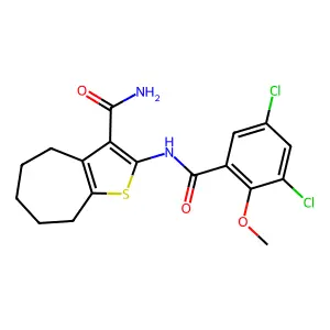 2-[(3,5-dichloro-2-methoxybenzoyl)amino]-5,6,7,8-tetrahydro-4H-cyclohepta[b]thiophene-3-carboxamide structure