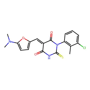(5E)-1-(3-chloro-2-methylphenyl)-5-[[5-(dimethylamino)furan-2-yl]methylidene]-2-sulfanylidene-1,3-diazinane-4,6-dione structure