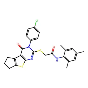 2-((3-(4-chlorophenyl)-4-oxo-4,5,6,7-tetrahydro-3H-cyclopenta[4,5]thieno[2,3-d]pyrimidin-2-yl)thio)-N-mesitylacetamide structure