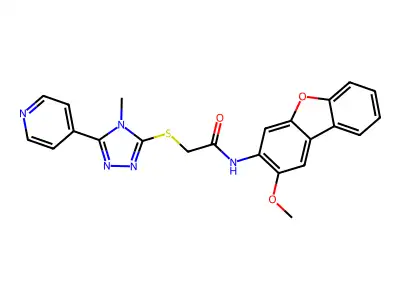 N-(2-methoxydibenzo[b,d]furan-3-yl)-2-{[4-methyl-5-(pyridin-4-yl)-4H-1,2,4-triazol-3-yl]sulfanyl}acetamide structure