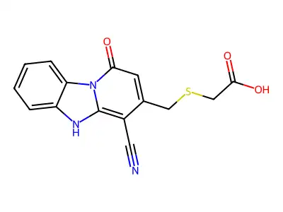 2-[(4-cyano-1-oxo-5H-pyrido[1,2-a]benzimidazol-3-yl)methylsulfanyl]acetic acid structure
