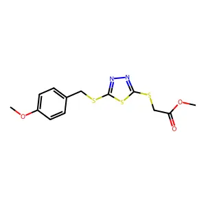 Methyl ((5-((4-methoxybenzyl)thio)-1,3,4-thiadiazol-2-YL)thio)acetate structure
