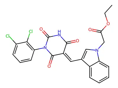 ethyl (3-{(E)-[1-(2,3-dichlorophenyl)-2,4,6-trioxotetrahydropyrimidin-5(2H)-ylidene]methyl}-1H-indol-1-yl)acetate structure