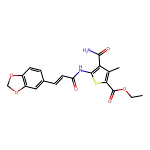 ethyl 5-[[(E)-3-(1,3-benzodioxol-5-yl)prop-2-enoyl]amino]-4-carbamoyl-3-methylthiophene-2-carboxylate structure
