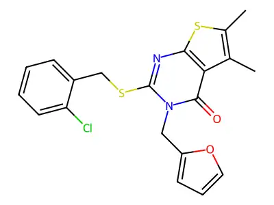2-[(2-chlorobenzyl)sulfanyl]-3-(furan-2-ylmethyl)-5,6-dimethylthieno[2,3-d]pyrimidin-4(3H)-one structure