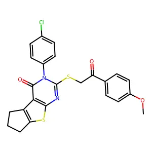 3-(4-chlorophenyl)-2-{[2-(4-methoxyphenyl)-2-oxoethyl]sulfanyl}-3,5,6,7-tetrahydro-4H-cyclopenta[4,5]thieno[2,3-d]pyrimidin-4-one structure