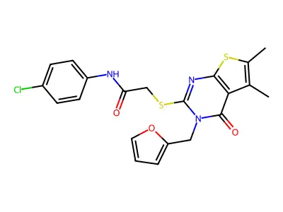 N-(4-chlorophenyl)-2-[3-(2-furylmethyl)-5,6-dimethyl-4-oxo(3-hydrothiopheno[2, 3-d]pyrimidin-2-ylthio)]acetamide structure