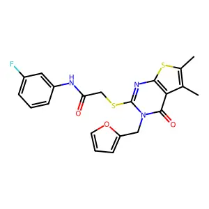 N-(3-fluorophenyl)-2-{[3-(furan-2-ylmethyl)-5,6-dimethyl-4-oxo-3,4-dihydrothieno[2,3-d]pyrimidin-2-yl]sulfanyl}acetamide structure